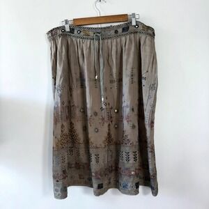 Vintage Bohemian Embroidered Taupe Stone Gray Midi Drawstring Skirt Large